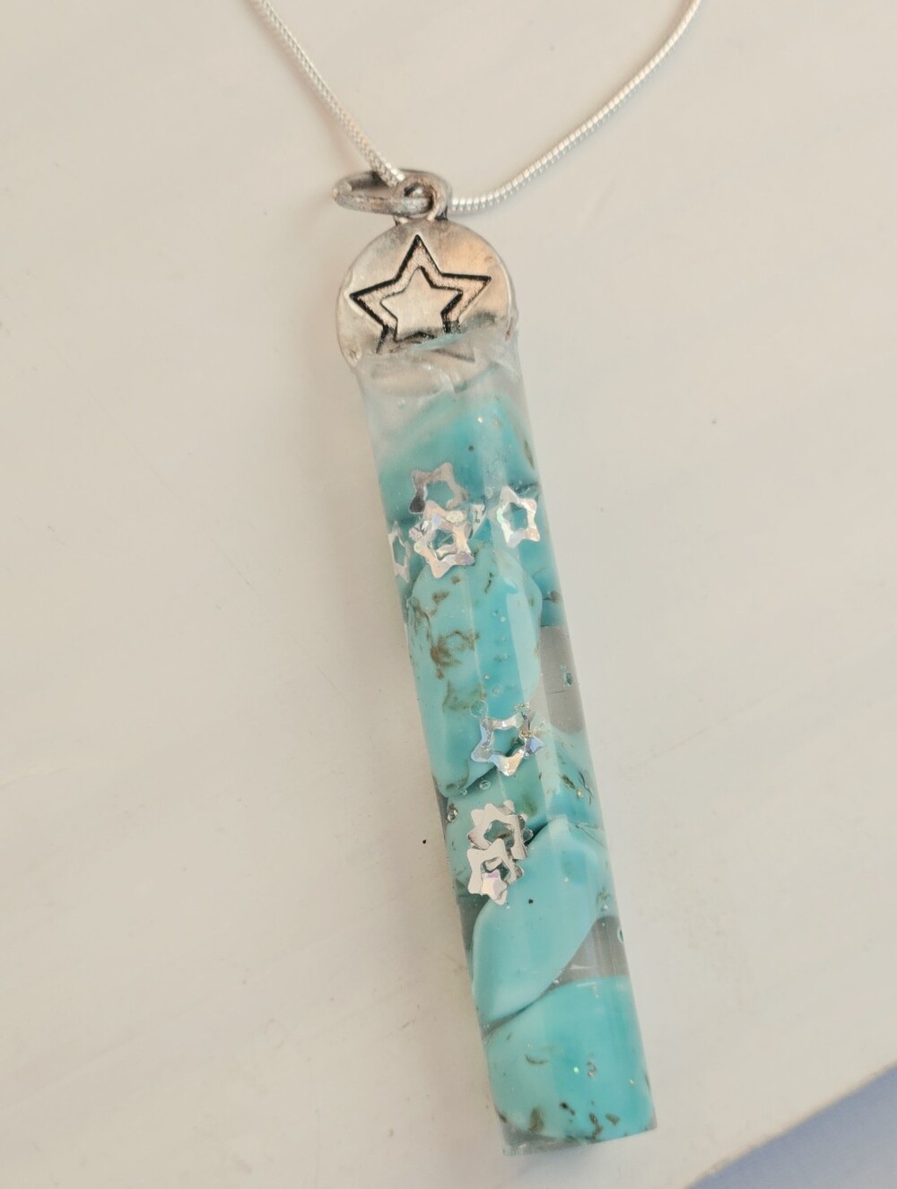 Turquoise Star Accent Resin Bar Necklace - Blue 925 Silver Chain 18 Inch